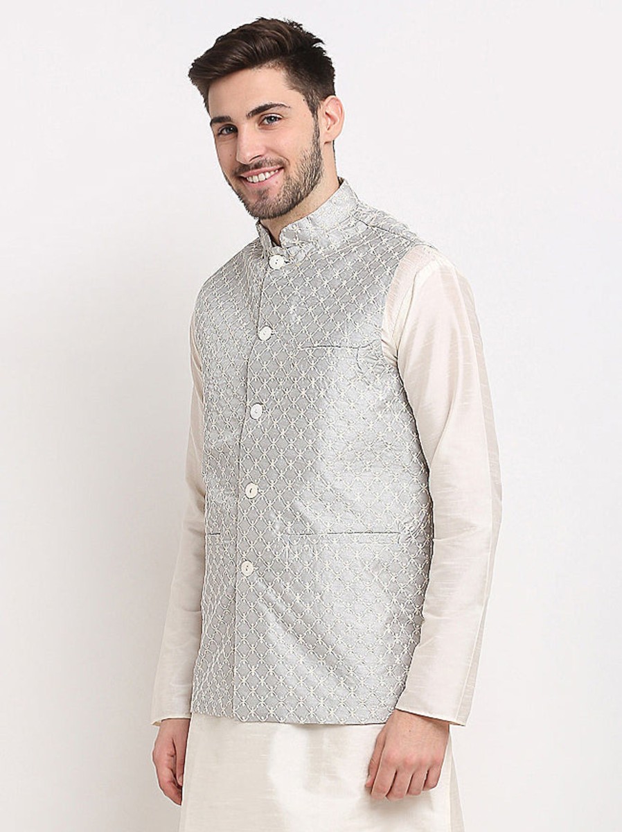 Men Virat Fashions | Men'S Grey Grey And White Embroidered Nehru Jacket ( Jowc 4029Grey ) - Virat Fashions