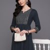 Women Indo Era | Women'S Embroidered A-Line Ethnic Dress - Indo Era Blue