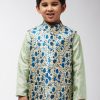 Men Sojanya KID | Kid'S Silk Blend Blue Printed Only Nehru Jacket - Sojanya Kid Blue & Beige