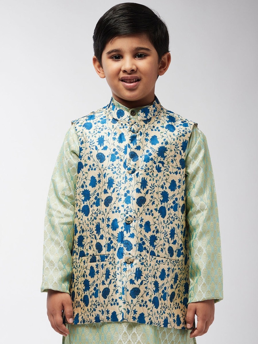 Men Sojanya KID | Kid'S Silk Blend Blue Printed Only Nehru Jacket - Sojanya Kid Blue & Beige