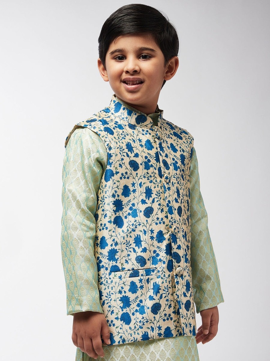 Men Sojanya KID | Kid'S Silk Blend Blue Printed Only Nehru Jacket - Sojanya Kid Blue & Beige