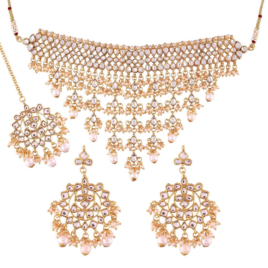 Jewellery I Jewels | Women'S Gold Plated Kundan U0026 Pearl Studded Choker Necklace Set With Earrings U0026 Maang Tikka - I Jewels White