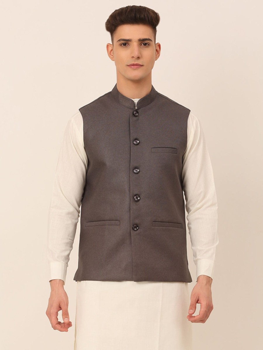 Men Virat Fashions | Men'S Charcoal Grey Solid Woven Sleeveless Nehru Jackets ( Jowc 4046 Charcoal ) - Virat Fashions