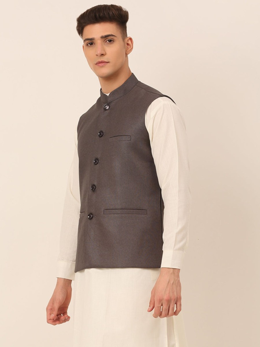 Men Virat Fashions | Men'S Charcoal Grey Solid Woven Sleeveless Nehru Jackets ( Jowc 4046 Charcoal ) - Virat Fashions