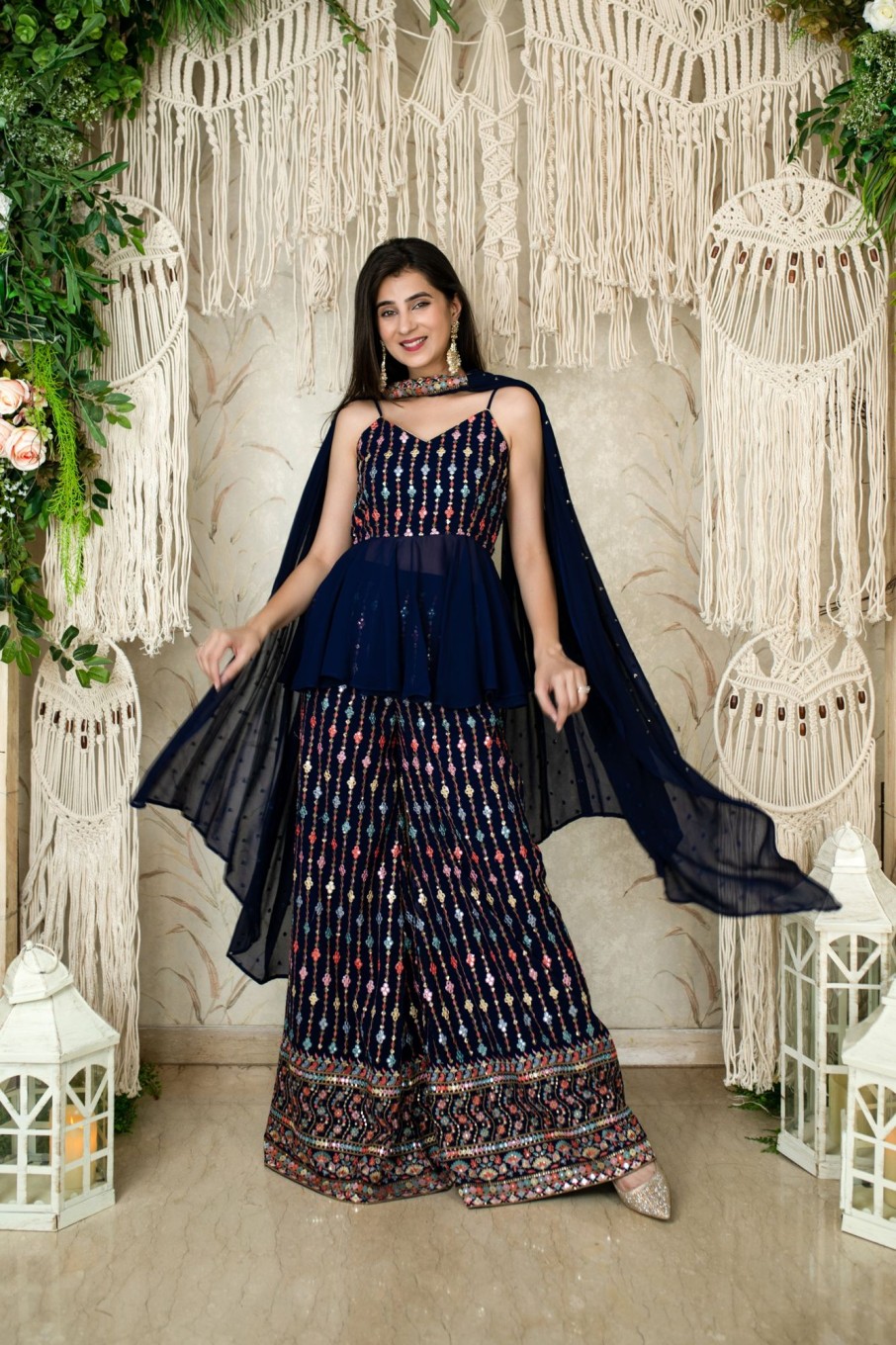 Women Label Shaurya Sanadhya | Women'S Blue Paplum Thread Work Pallazo - Label Shaurya Sanadhya