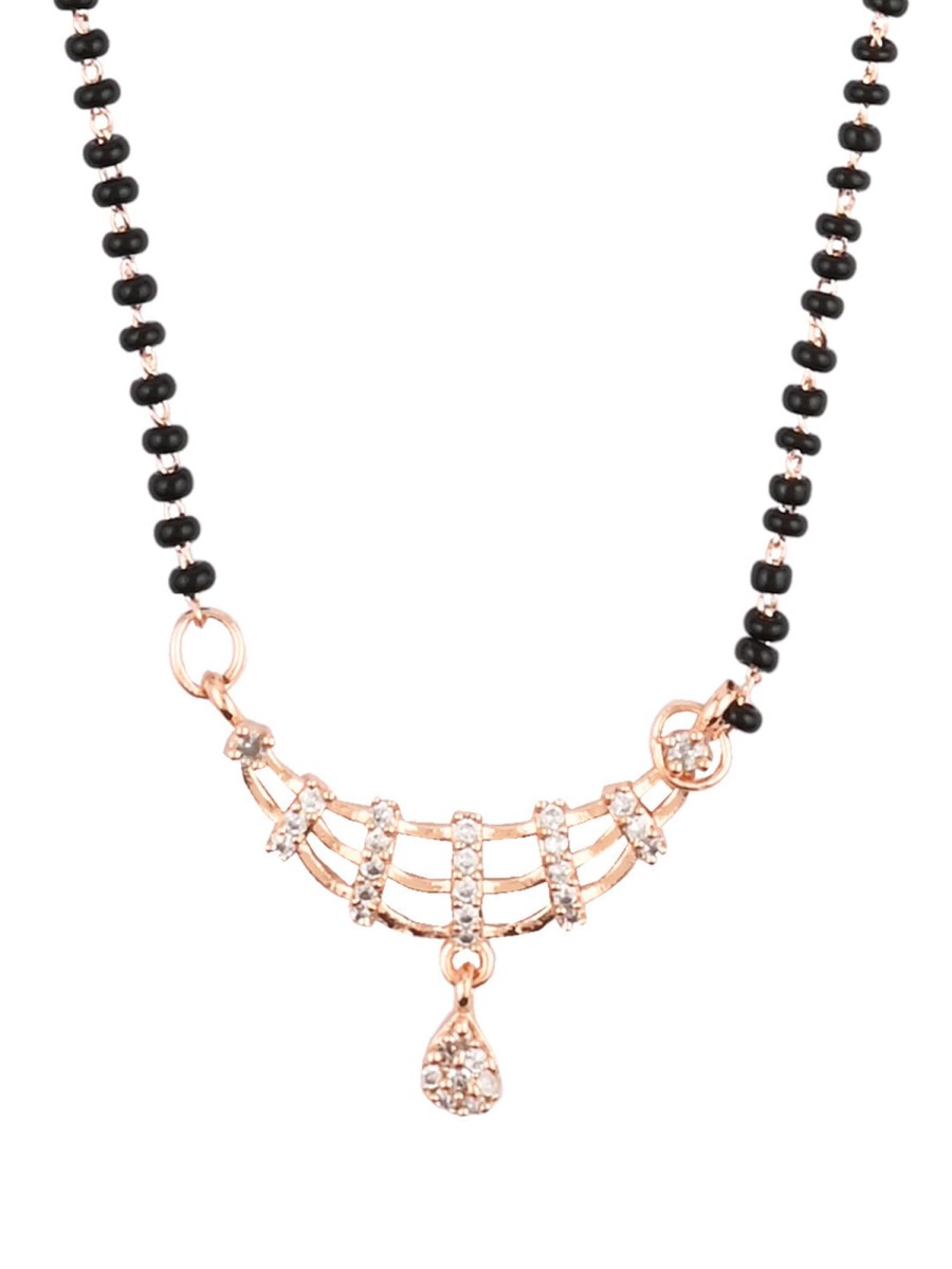 Jewellery I Jewels | Women'S 18K Plated Traditional Single Line American Diamond Pendant With Black Bead Chain Mangalsutra - I Jewels Rose Gold