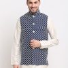 Men Virat Fashions | Men'S Navy Blue Navy Blue And White Embroidered Nehru Jacket ( Jowc 4029Navy ) - Virat Fashions