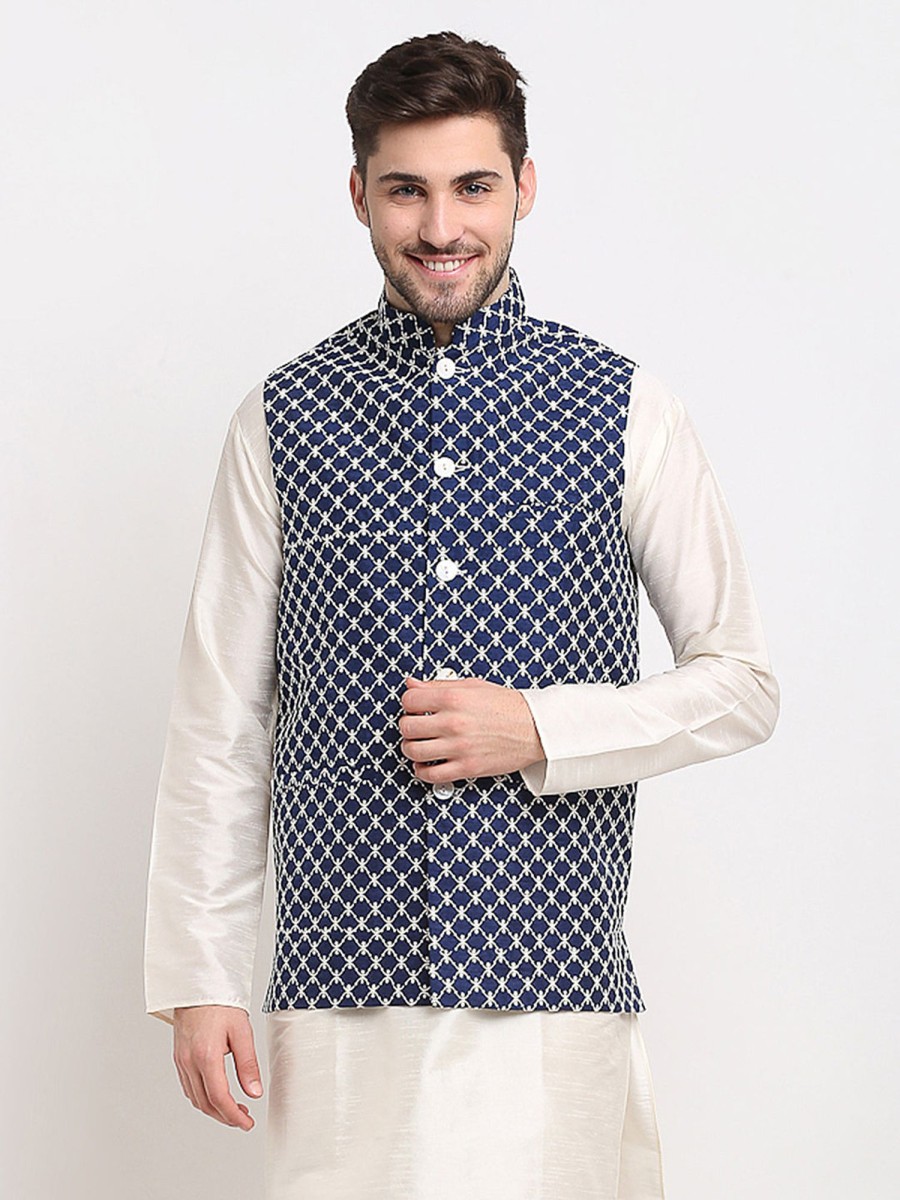 Men Virat Fashions | Men'S Navy Blue Navy Blue And White Embroidered Nehru Jacket ( Jowc 4029Navy ) - Virat Fashions