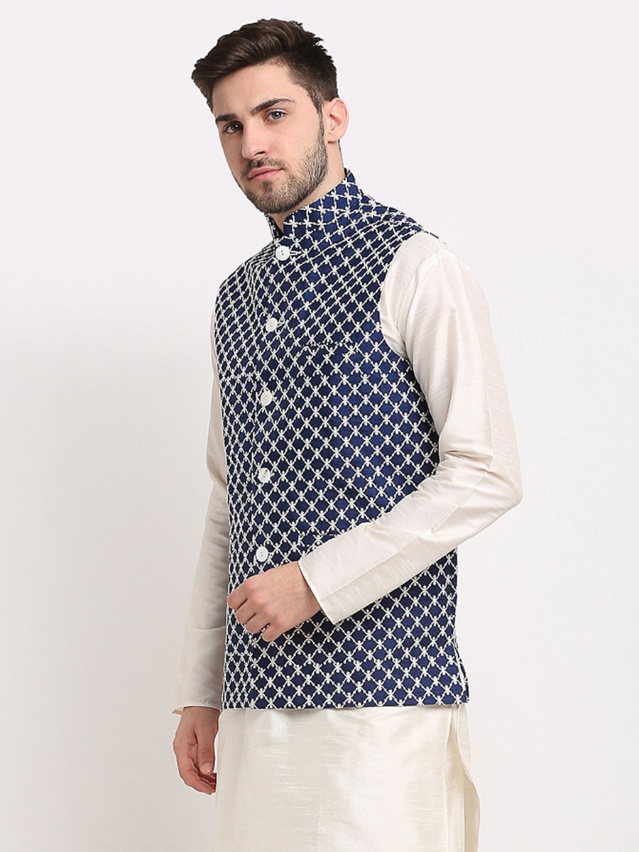 Men Virat Fashions | Men'S Navy Blue Navy Blue And White Embroidered Nehru Jacket ( Jowc 4029Navy ) - Virat Fashions