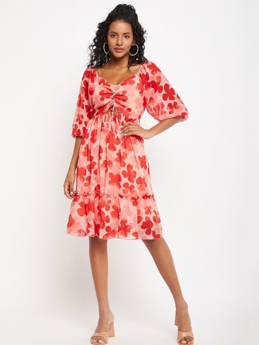 Women BitterLime | Women'S Printed Ruched String - Tie Dress - Bitterlime Red