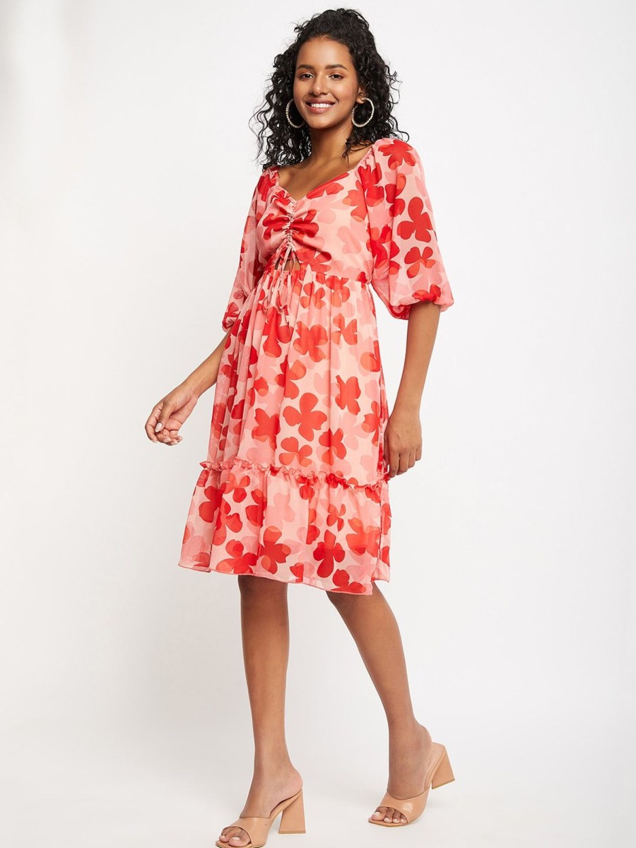 Women BitterLime | Women'S Printed Ruched String - Tie Dress - Bitterlime Red