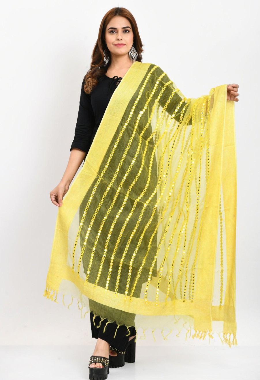 Women Moeza | Women'S Orgenza Mirror Stripe Thread Work Lemon Dupatta - Moeza Yellow