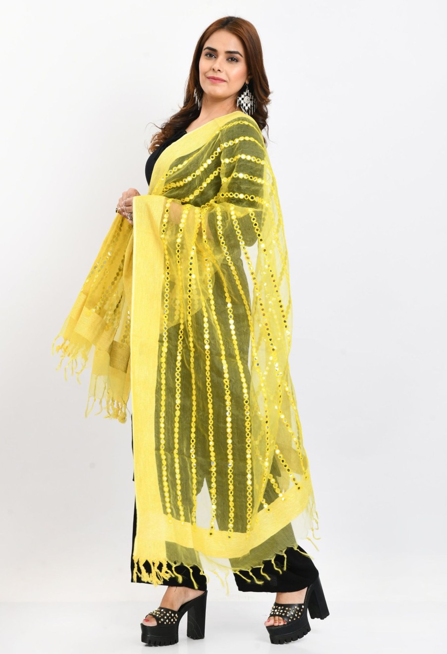 Women Moeza | Women'S Orgenza Mirror Stripe Thread Work Lemon Dupatta - Moeza Yellow