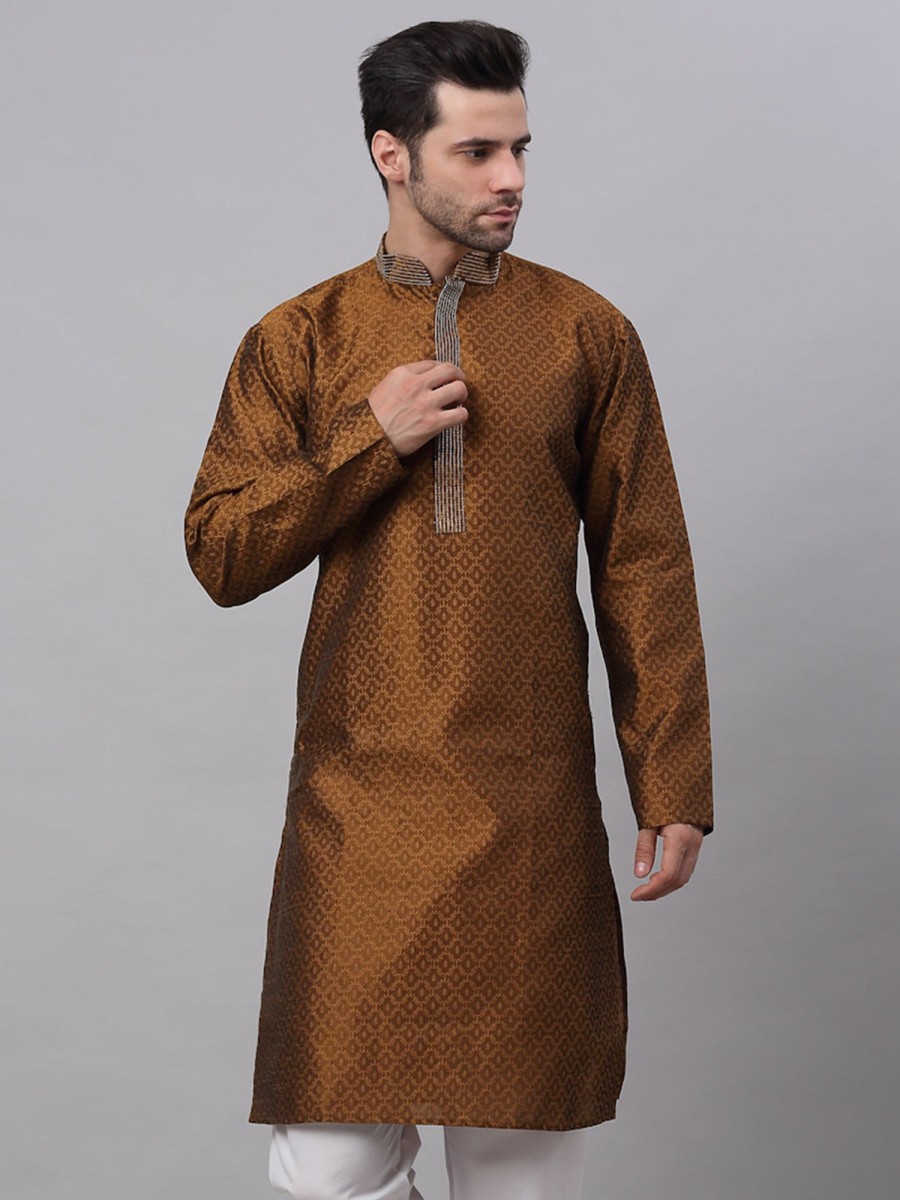 Men Virat Fashions | Men'S Silk Blend Collar Embroidered Kurta Only ( Ko 664 Brown ) - Virat Fashions