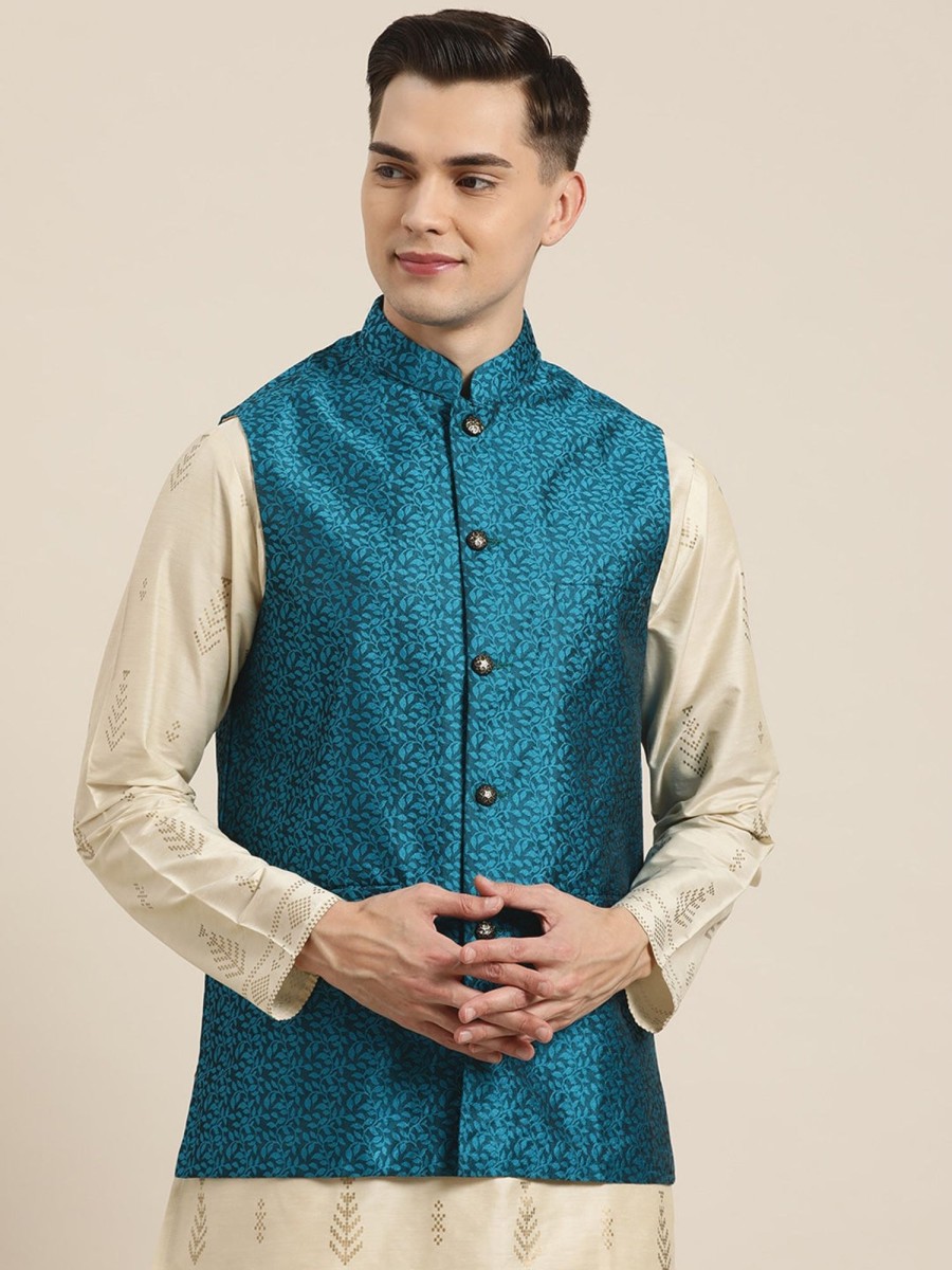 Men Sojanya | Men'S Jacquard Silk Turquoise Self Design Only Nehrujacket - Sojanya Blue