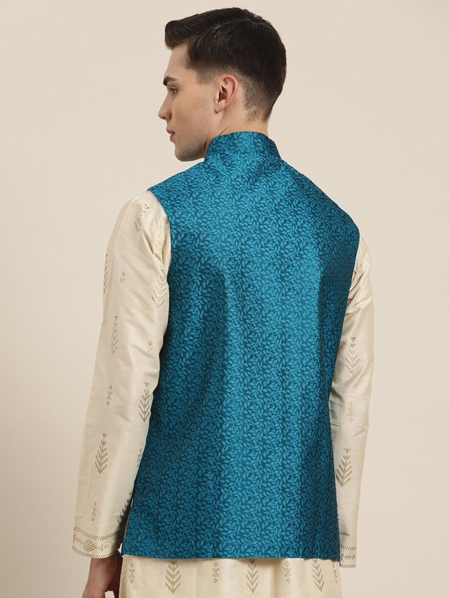 Men Sojanya | Men'S Jacquard Silk Turquoise Self Design Only Nehrujacket - Sojanya Blue