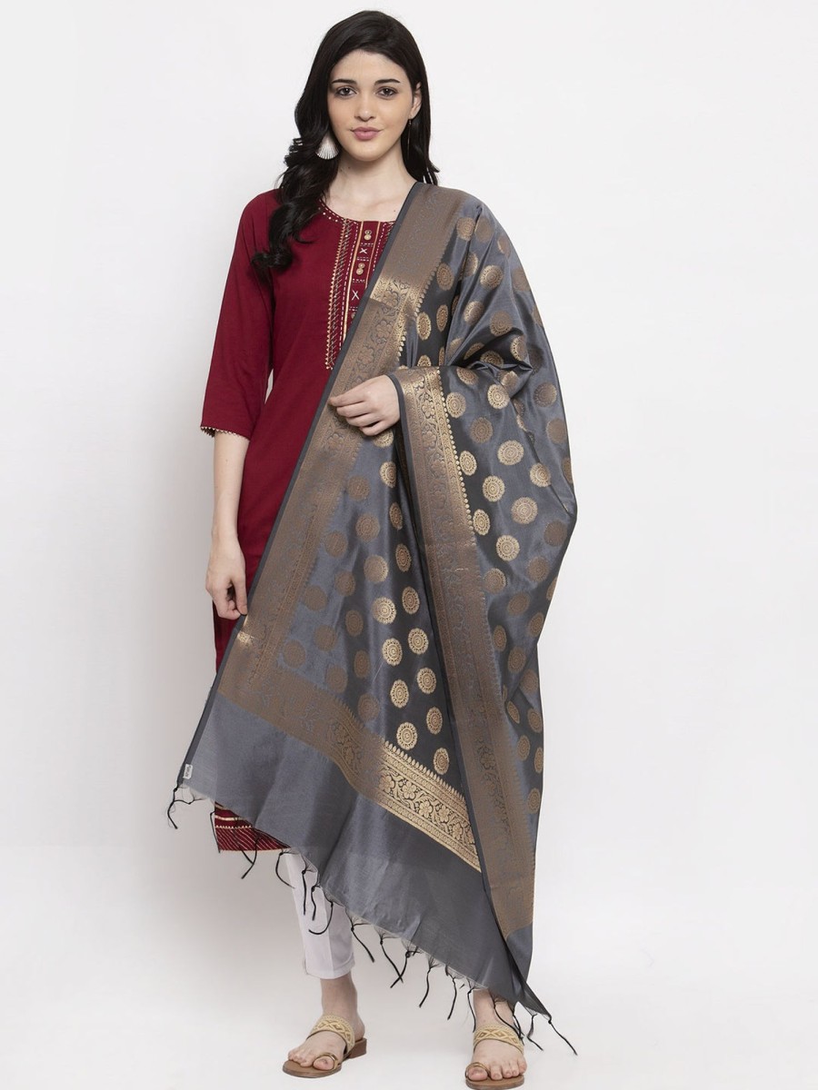 Women Wahe-NOOR | Women'S Grey U0026 Gold Banarsi Poly Silk Dupatta - Wahe-Noor