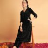 Women Lyush | Women'S Black Velvet Embroidered Pocket Anarkali Dress - Lyush