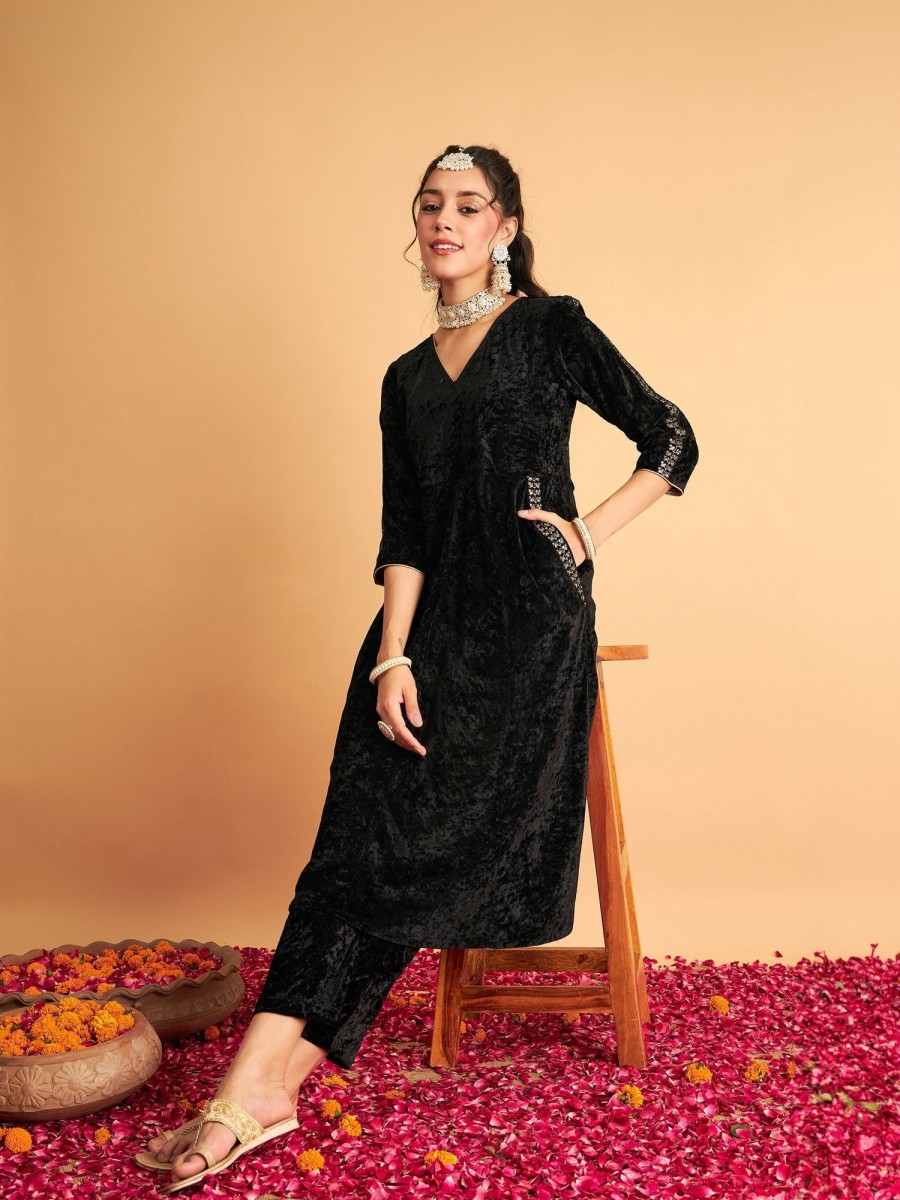 Women Lyush | Women'S Black Velvet Embroidered Pocket Anarkali Dress - Lyush