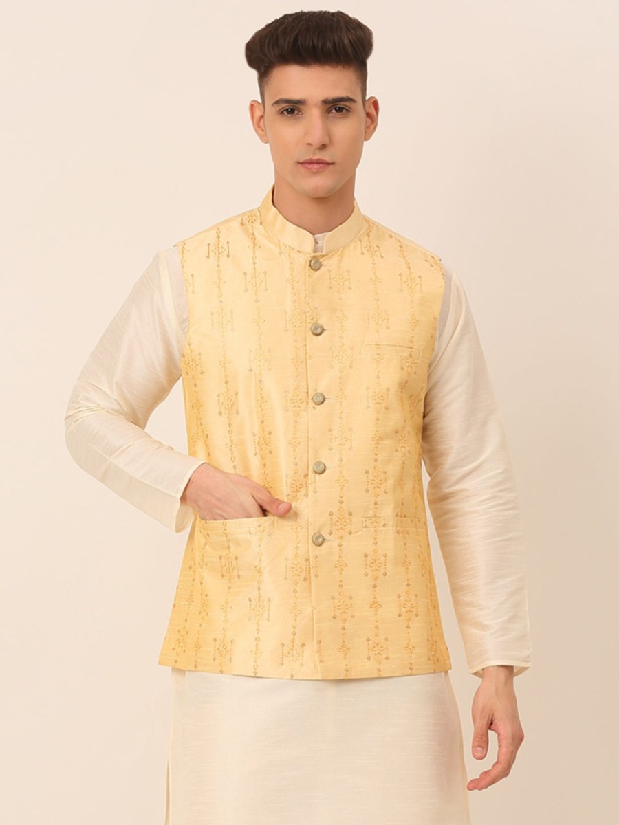 Men Virat Fashions | Men'S Golden Embroidered Woven Nehru Jackets ( Jowc 4044 Golden ) - Virat Fashions