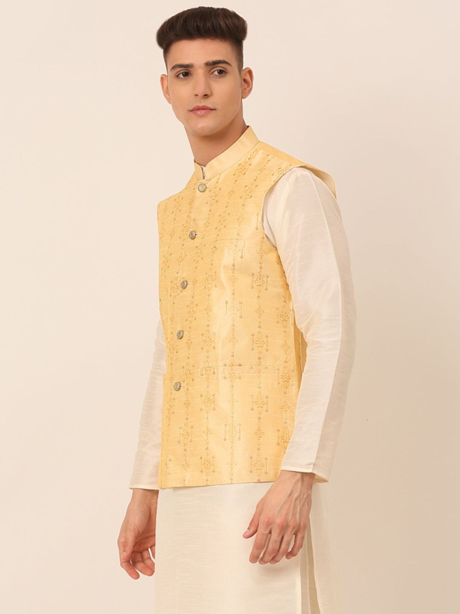 Men Virat Fashions | Men'S Golden Embroidered Woven Nehru Jackets ( Jowc 4044 Golden ) - Virat Fashions