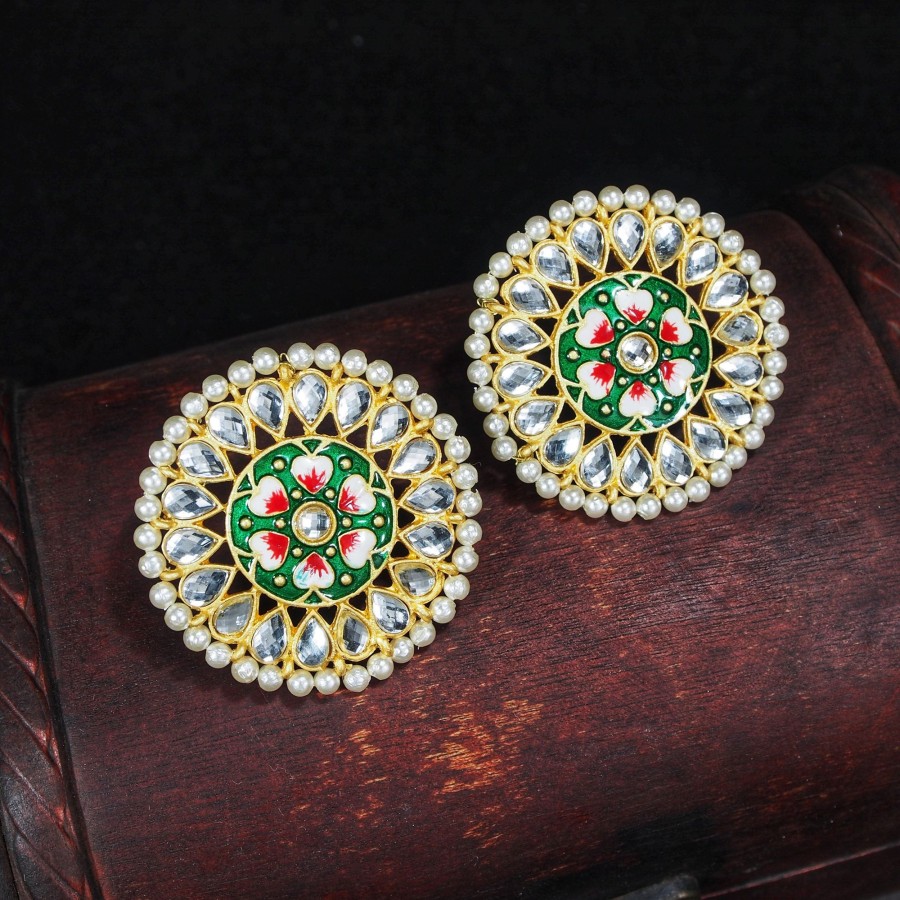 Jewellery I Jewels | Women'S Gold Plated Round Kundan Pearl Meena Work Handcraft Stud Earring - I Jewels Green