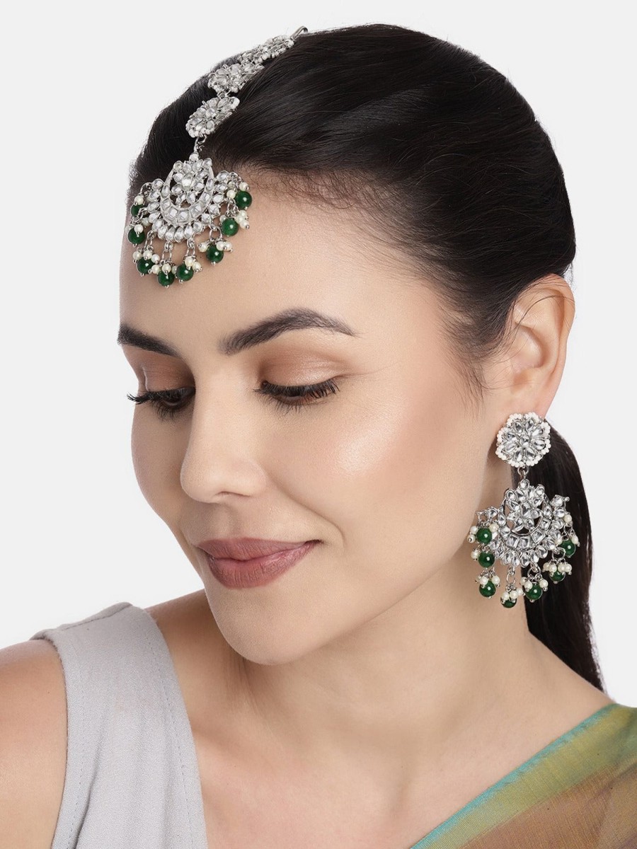 Jewellery I Jewels | Women'S Traditional Handcrafted Kundan U0026 Pearl Earrings With Maangtikka - I Jewels Green