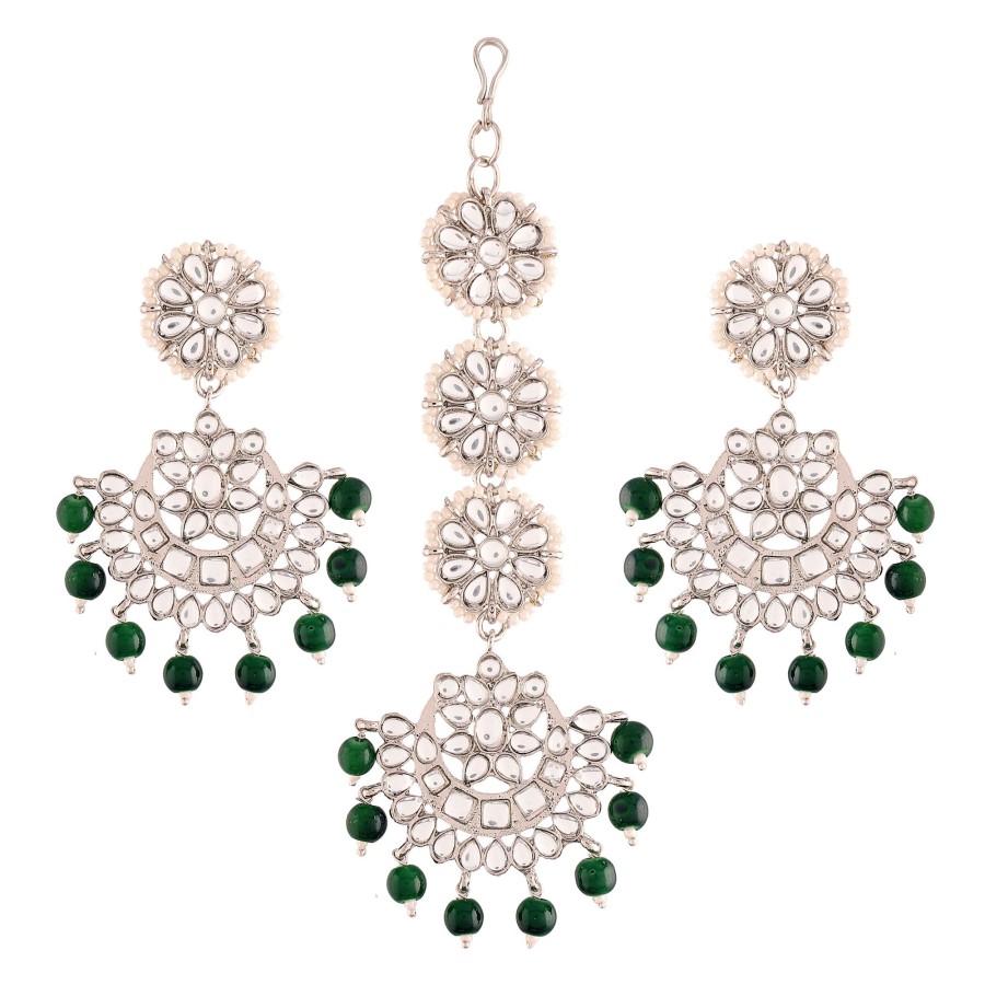 Jewellery I Jewels | Women'S Traditional Handcrafted Kundan U0026 Pearl Earrings With Maangtikka - I Jewels Green