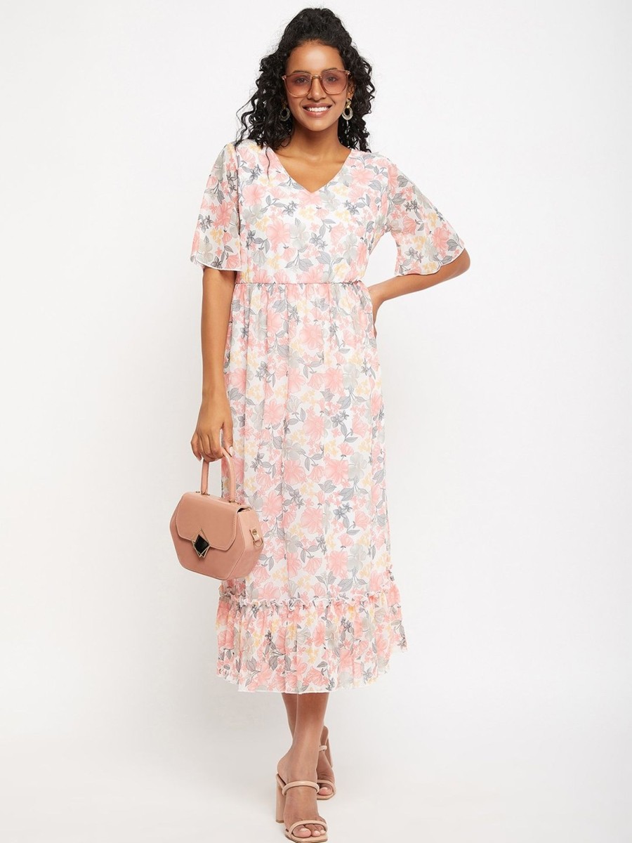 Women BitterLime | Women'S White U0026 Floral Printed Dress - Bitterlime Pink