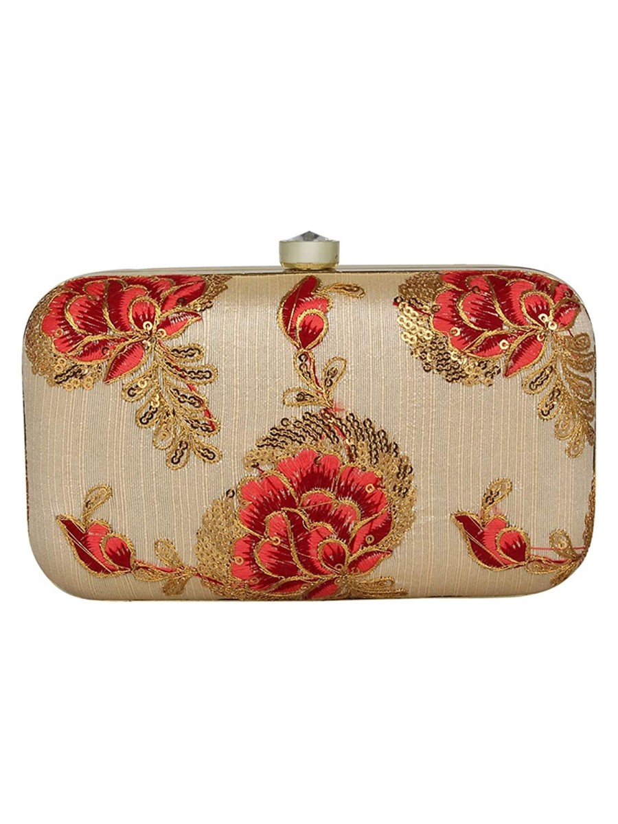 Others VASTANS | Women'S Beige Color Tulle Embroidered Faux Silk Clutch - Vastans