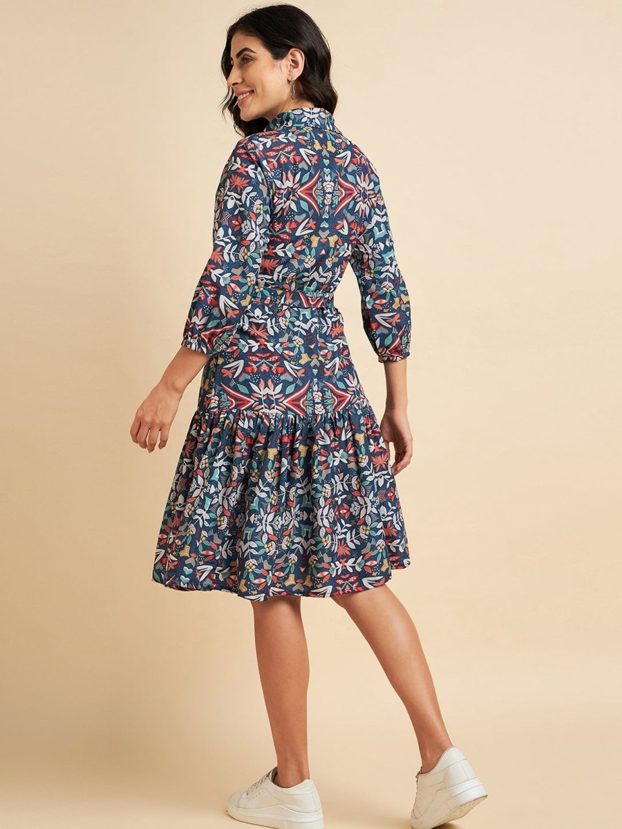 Women Azira | Women'S One Tiered Floral Printed Crepe Dress - Azira Blue