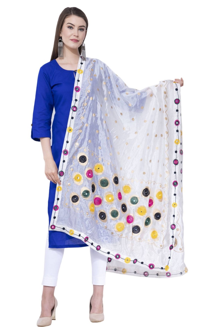 Women AR Silks | A R Silk Color Multi Rasgulla Silk Dupattas And Chunnis White