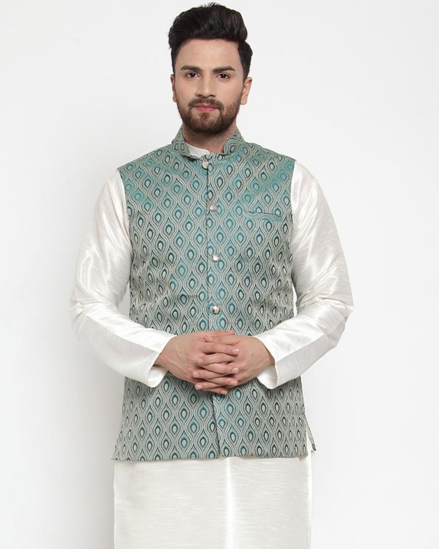 Men Virat Fashions | Men'S Green Woven Design Nehru Jacket ( Jowc 4006 Green) - Virat Fashions