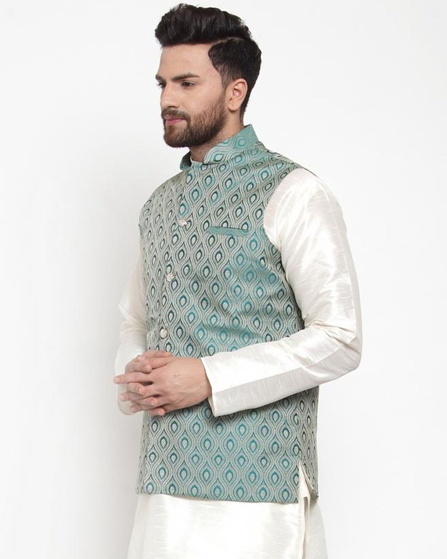 Men Virat Fashions | Men'S Green Woven Design Nehru Jacket ( Jowc 4006 Green) - Virat Fashions