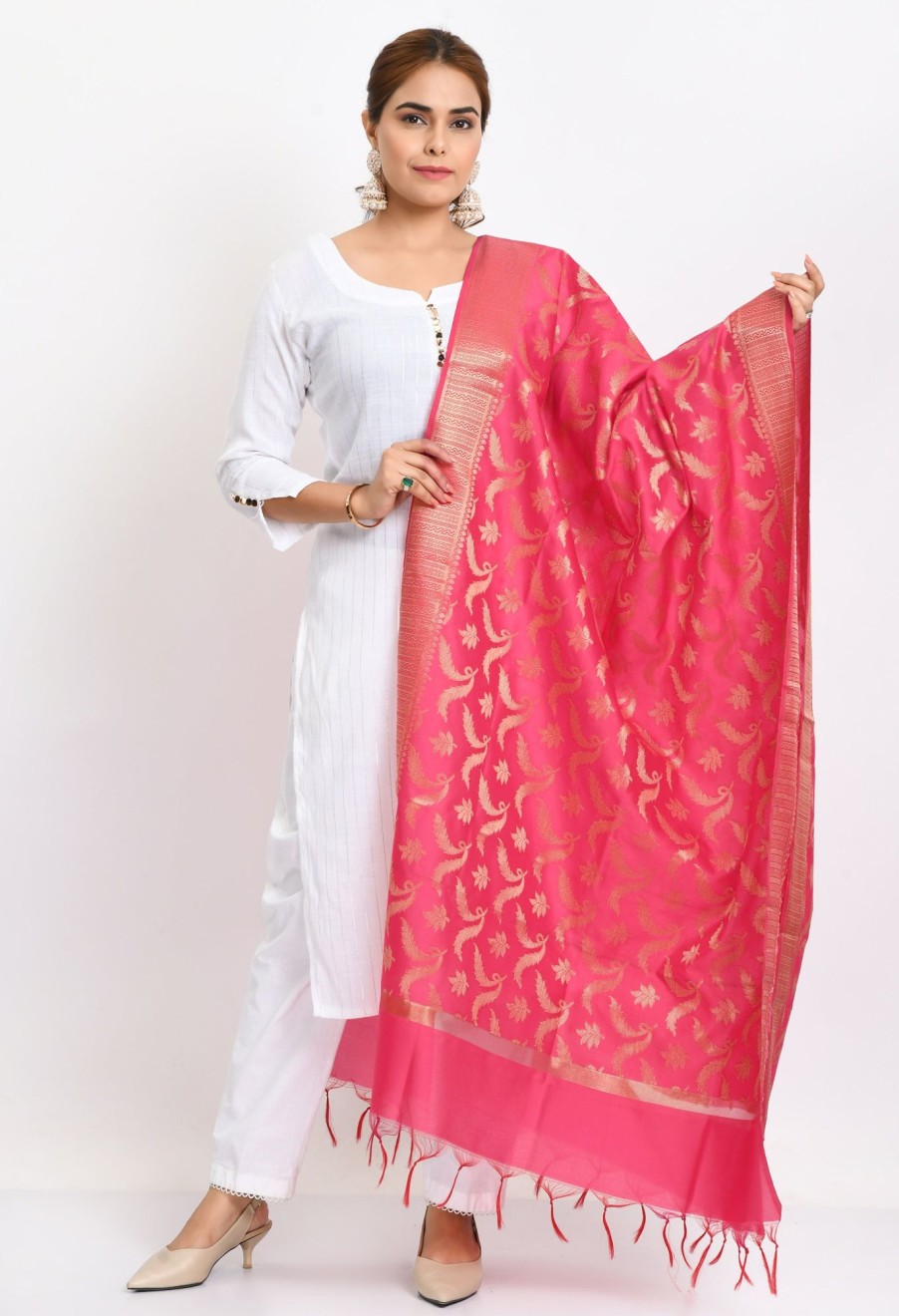 Women Moeza | Women'S Banarsi Silk Floral Woven Design Dupatta - Moeza Pink