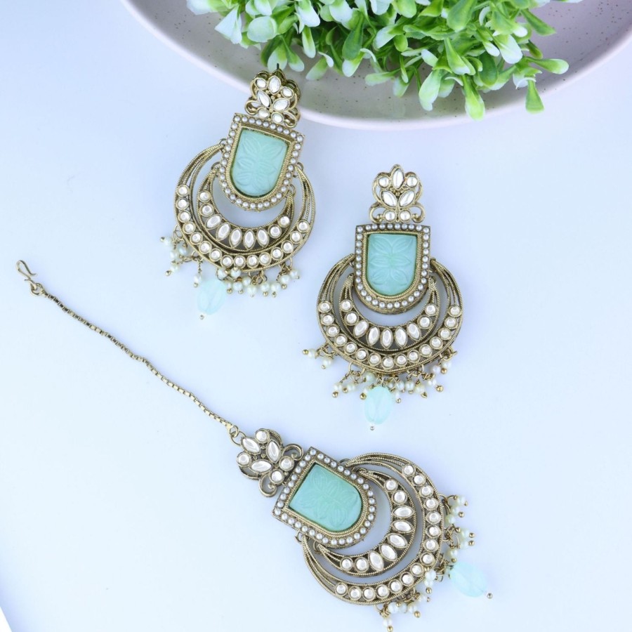 Jewellery I Jewels | Women'S Traditional Kundan Pearl With Meena Work Chandbali Earrings With Maang Tikka Set - I Jewels Green