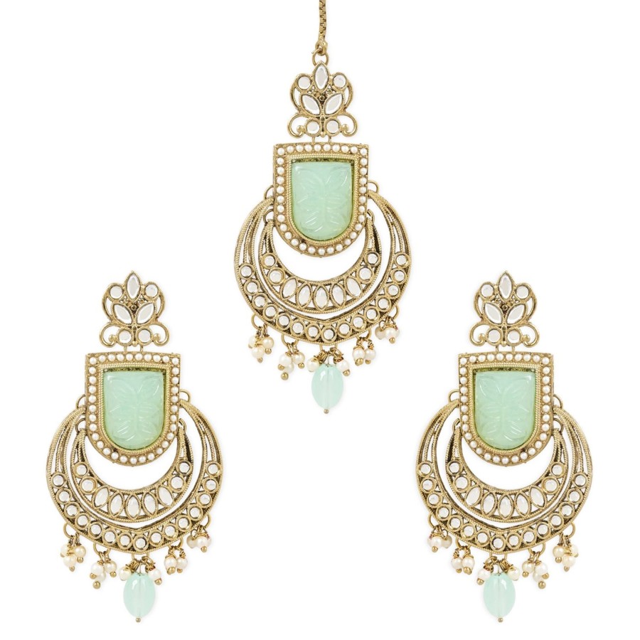 Jewellery I Jewels | Women'S Traditional Kundan Pearl With Meena Work Chandbali Earrings With Maang Tikka Set - I Jewels Green