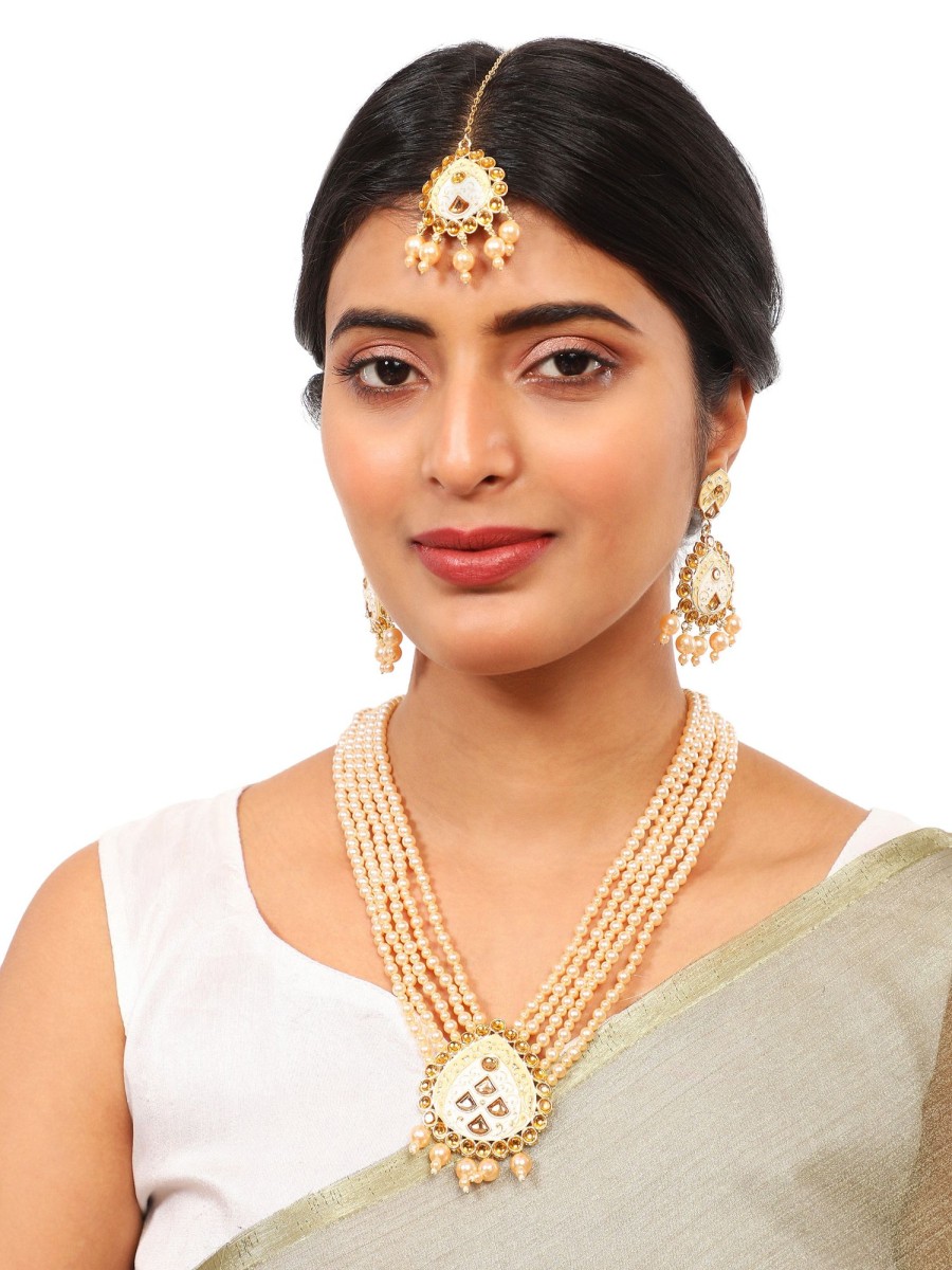 Jewellery Zaffre Collections | Women'S Wedding Wear Pearl Necklace Set With Maang Tikka - Zaffre Collections Gold