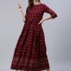 Women Nayo Clothing | Women'S Burgundy Printed Dress With Three Quarter Sleeves - Nayo Clothing