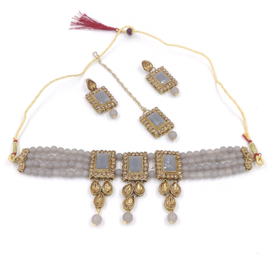 Jewellery Zaffre Collections | Women'S Multistrand Beads And Stones Traditional Choker Necklace U0026 Maang Tikka - Zaffre Collections Grey