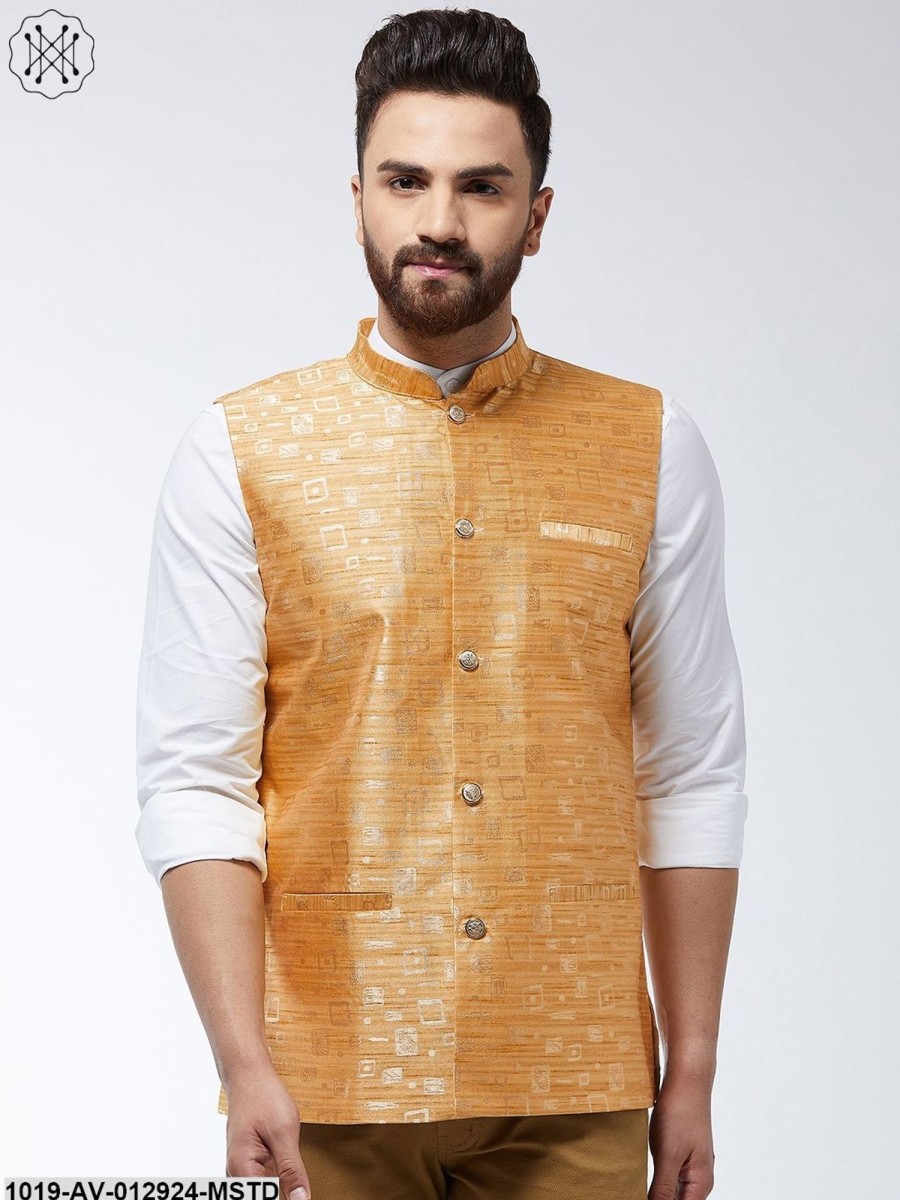 Men Sojanya | Men'S Jacquard Silk Mustard Designer Nehru Jacket - Sojanya