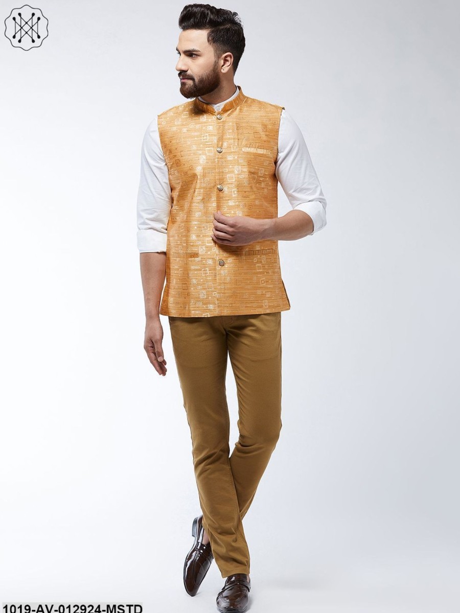 Men Sojanya | Men'S Jacquard Silk Mustard Designer Nehru Jacket - Sojanya