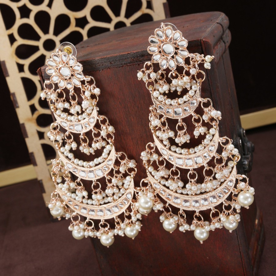 Jewellery I Jewels | Women'S Plated 3 Layered Beaded Chandbali Earrings With Kundan And Pearl Work - I Jewels Rose Gold