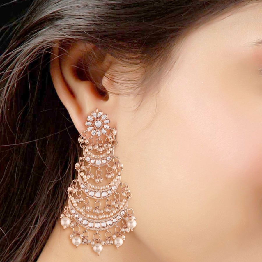 Jewellery I Jewels | Women'S Plated 3 Layered Beaded Chandbali Earrings With Kundan And Pearl Work - I Jewels Rose Gold