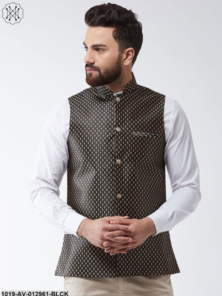 Men Sojanya | Men'S Silk Blend Black U0026 Gold Self Design Nehru Jacket - Sojanya