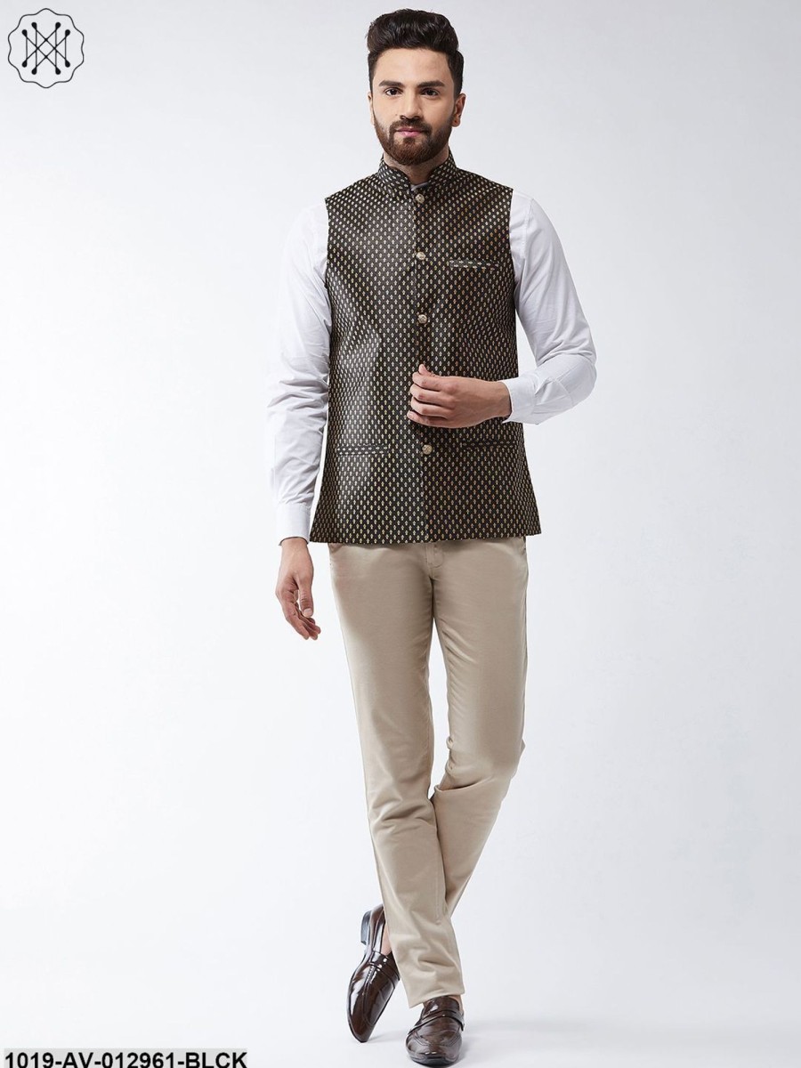 Men Sojanya | Men'S Silk Blend Black U0026 Gold Self Design Nehru Jacket - Sojanya