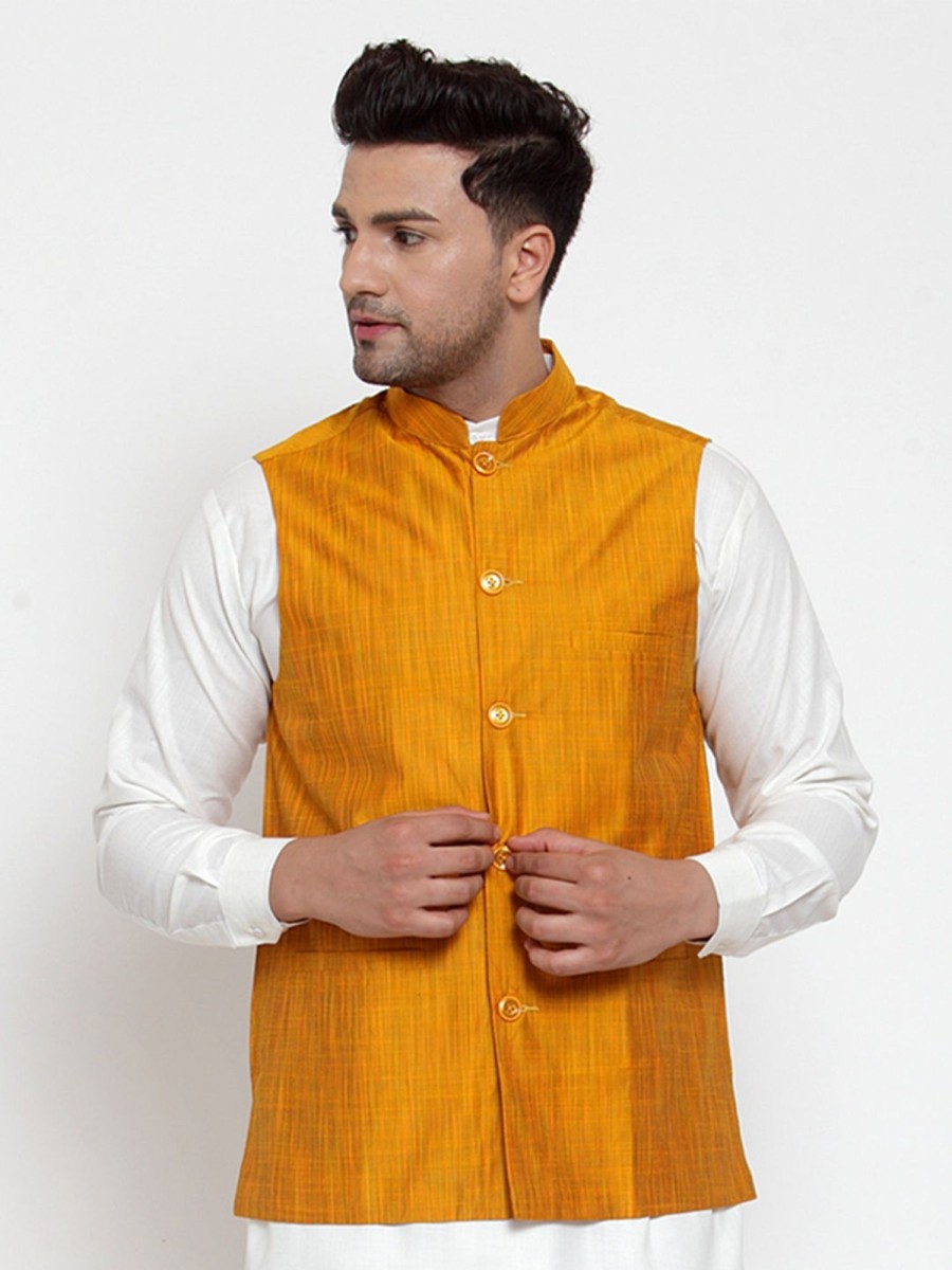 Men Virat Fashions | Men'S Yellow Woven Design Nehru Jacket ( Jowc 4010 Yellow ) - Virat Fashions