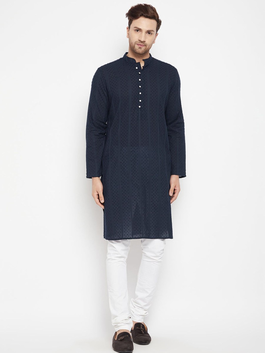 Men Even Apparels | Men'S Blue Color Long Kurta With Band Collar - Even Apparels