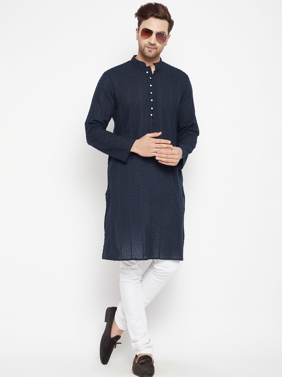 Men Even Apparels | Men'S Blue Color Long Kurta With Band Collar - Even Apparels