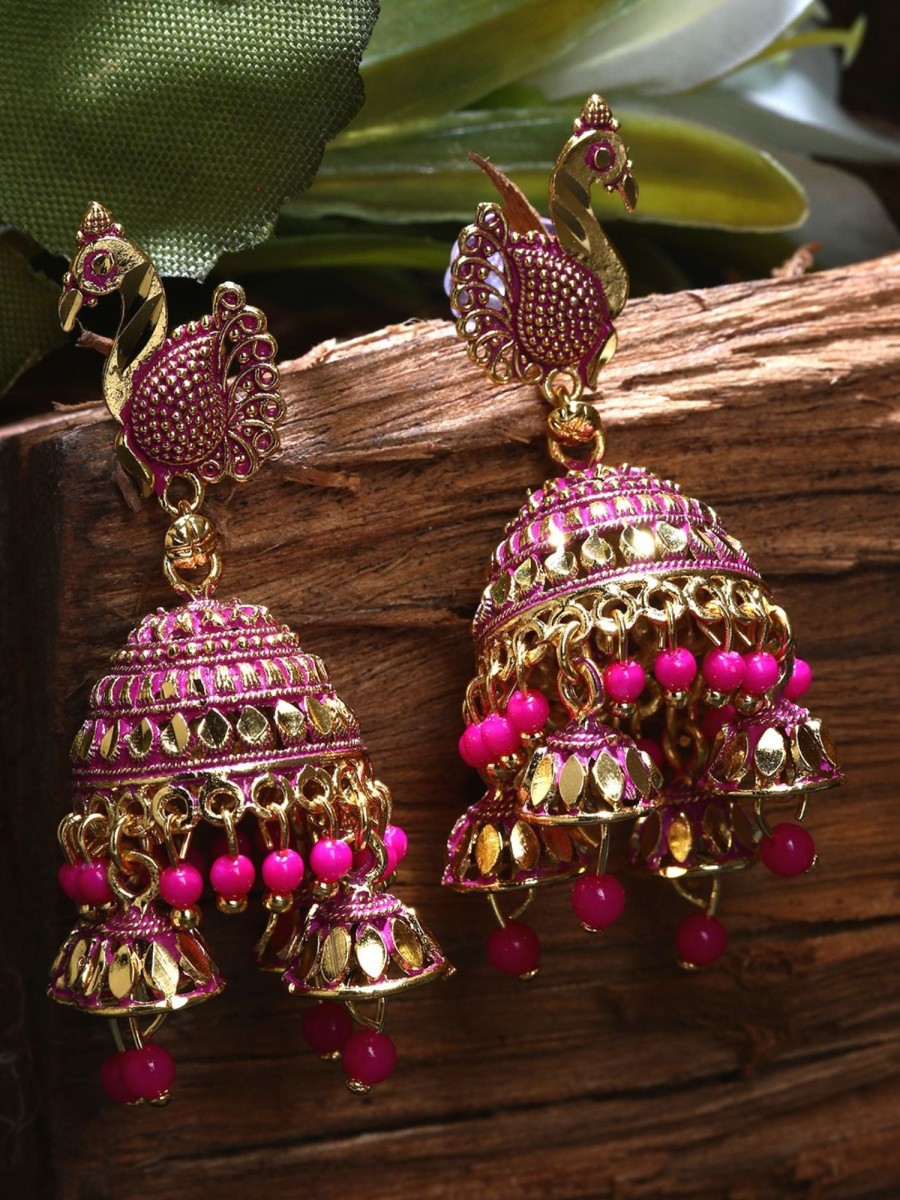 Jewellery Anikas Creation | Women'S Gold Plated U0026 Enamelled Dome Shaped Jhumkas - Anikas Creation Pink